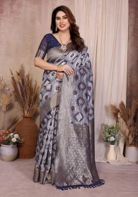 Blue Jacquard Cotton Saree Set