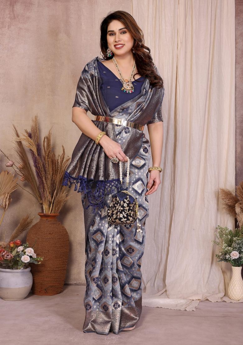 Blue Jacquard Cotton Saree Set - Indya