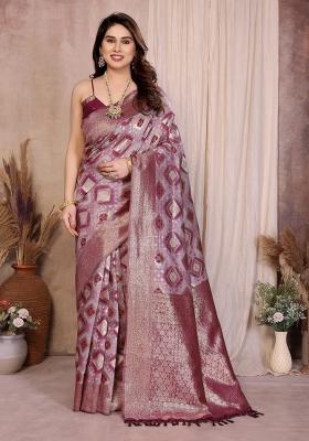 Purple Jacquard Cotton Saree Set