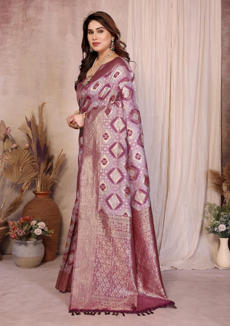Purple Jacquard Cotton Saree Set - Indya