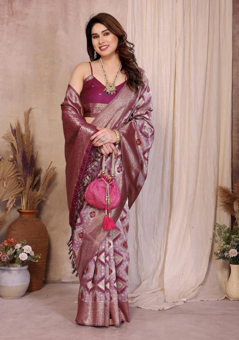 Purple Jacquard Cotton Saree Set - Indya