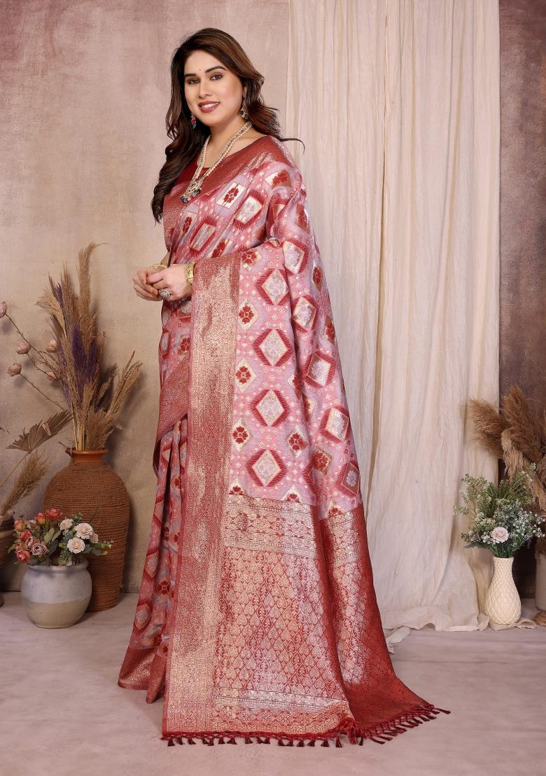 Red Jacquard Cotton Saree Set - Indya