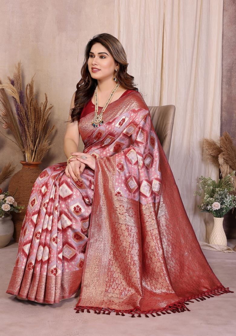 Red Jacquard Cotton Saree Set - Indya