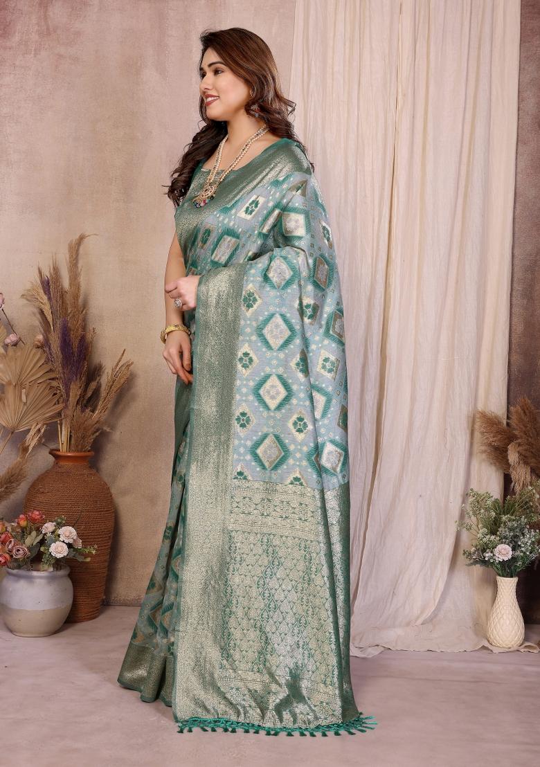 Brown Jacquard Cotton Saree Set - Indya