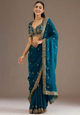 Dove Blue Embroidered Tissue Saree Set