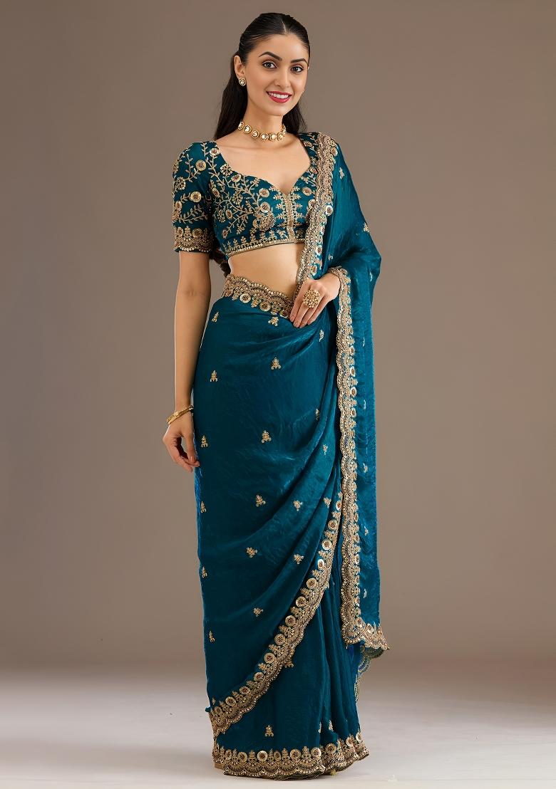Dove Blue Embroidered Tissue Saree Set - Indya