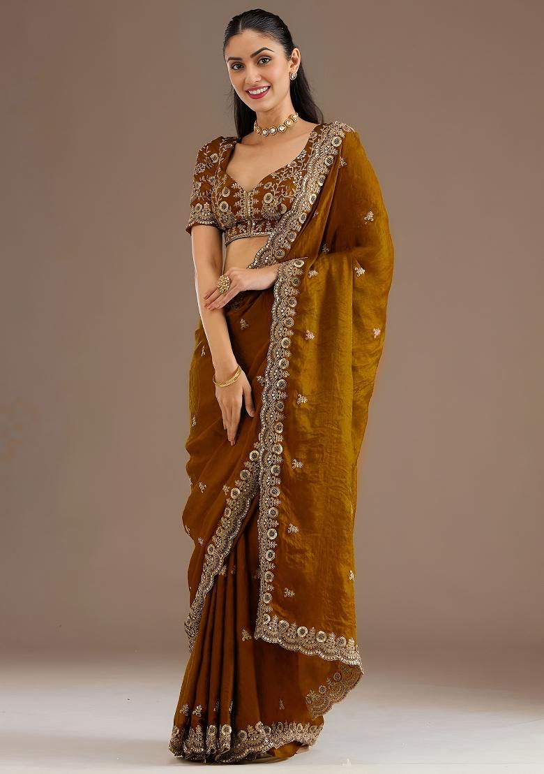 Golden Embroidered Tissue Saree Set - Indya