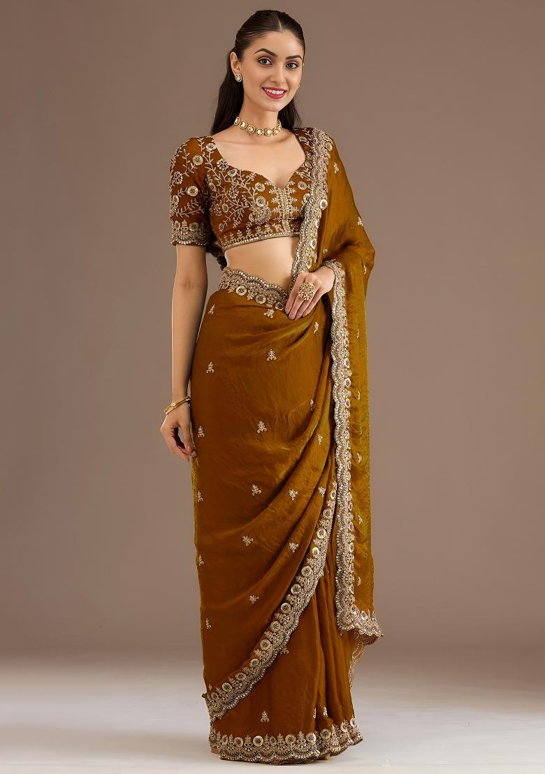 Golden Embroidered Tissue Saree Set - Indya