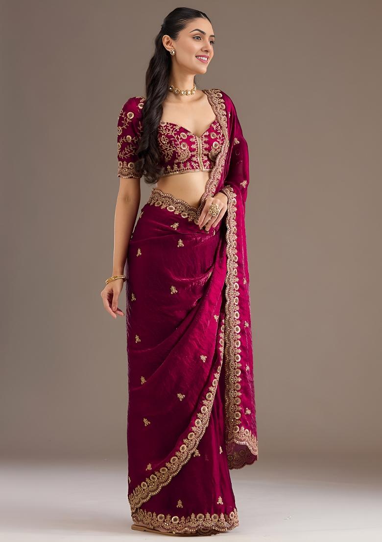 Maroon Embroidered Tissue Saree Set - Indya