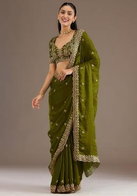 Olive Embroidered Tissue Saree Set