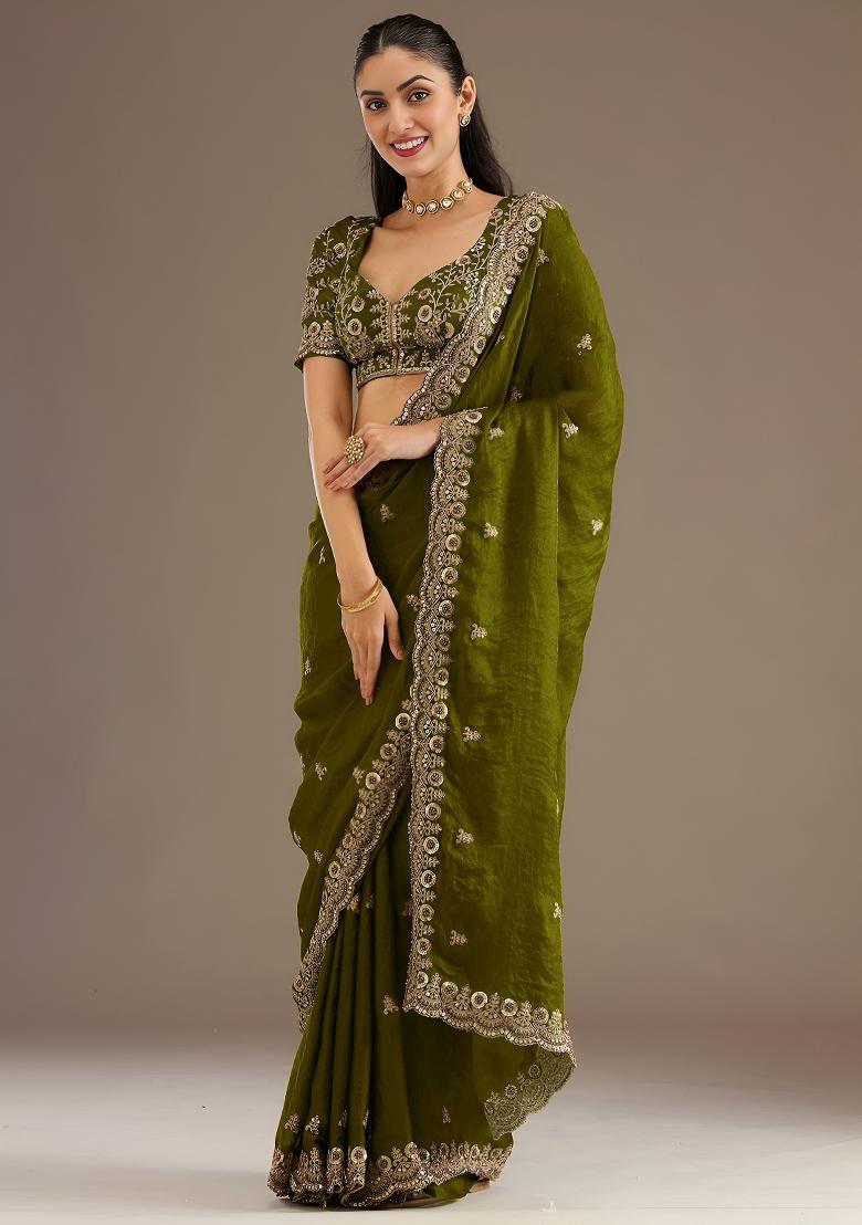 Olive Embroidered Tissue Saree Set - Indya