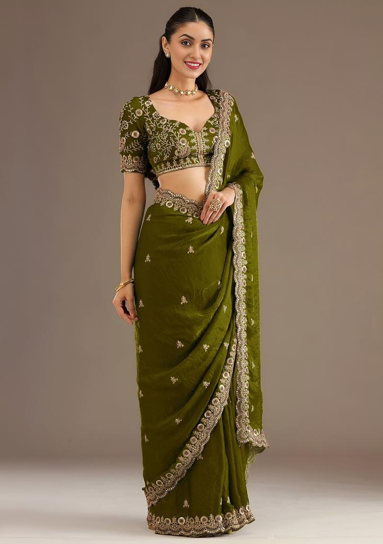 Olive Embroidered Tissue Saree Set - Indya