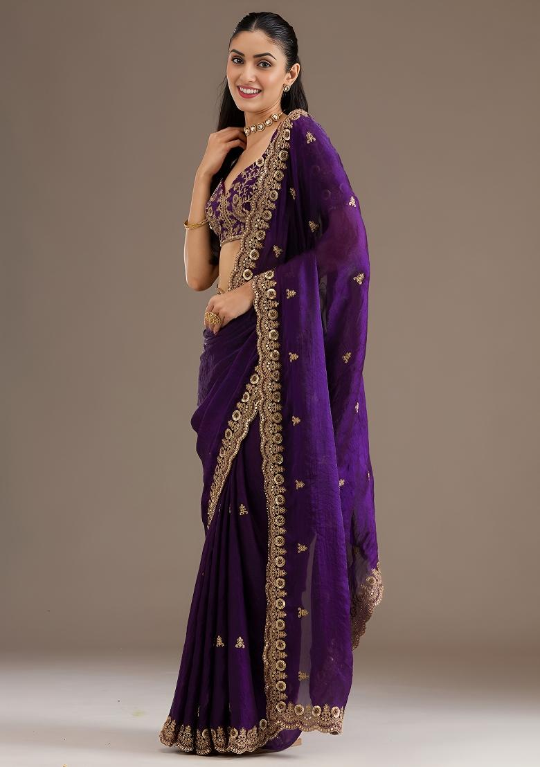 Purple Embroidered Tissue Saree Set - Indya