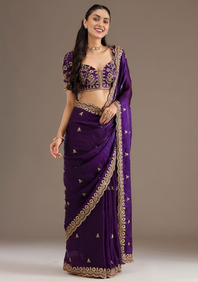 Purple Embroidered Tissue Saree Set - Indya