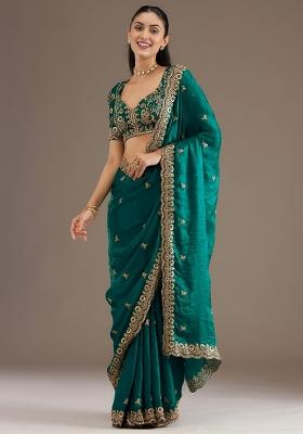 Teal Blue Embroidered Tissue Saree Set