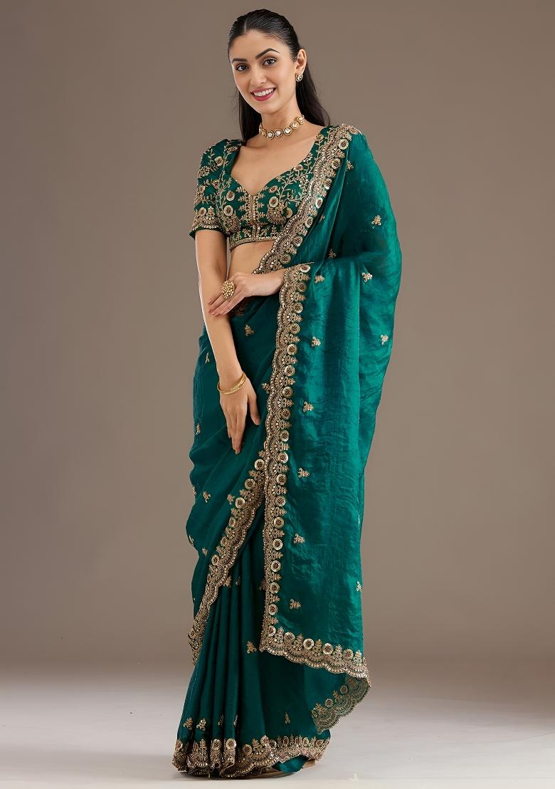 Teal Blue Embroidered Tissue Saree Set - Indya