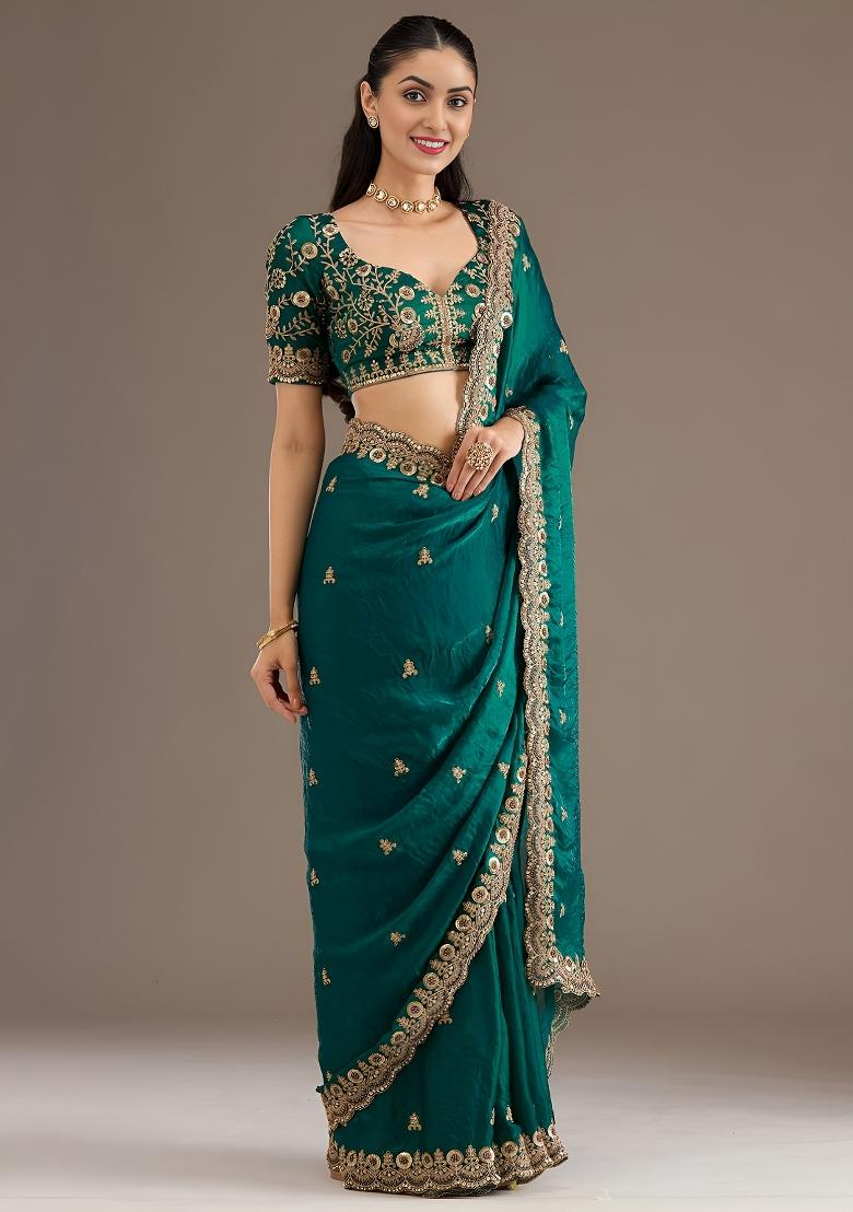 Teal Blue Embroidered Tissue Saree Set - Indya