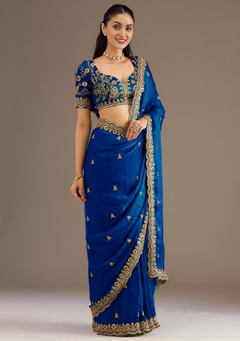 Royal Blue Embroidered Tissue Saree Set - Indya