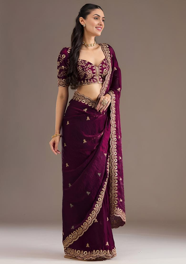 Wine Embroidered Tissue Saree Set - Indya