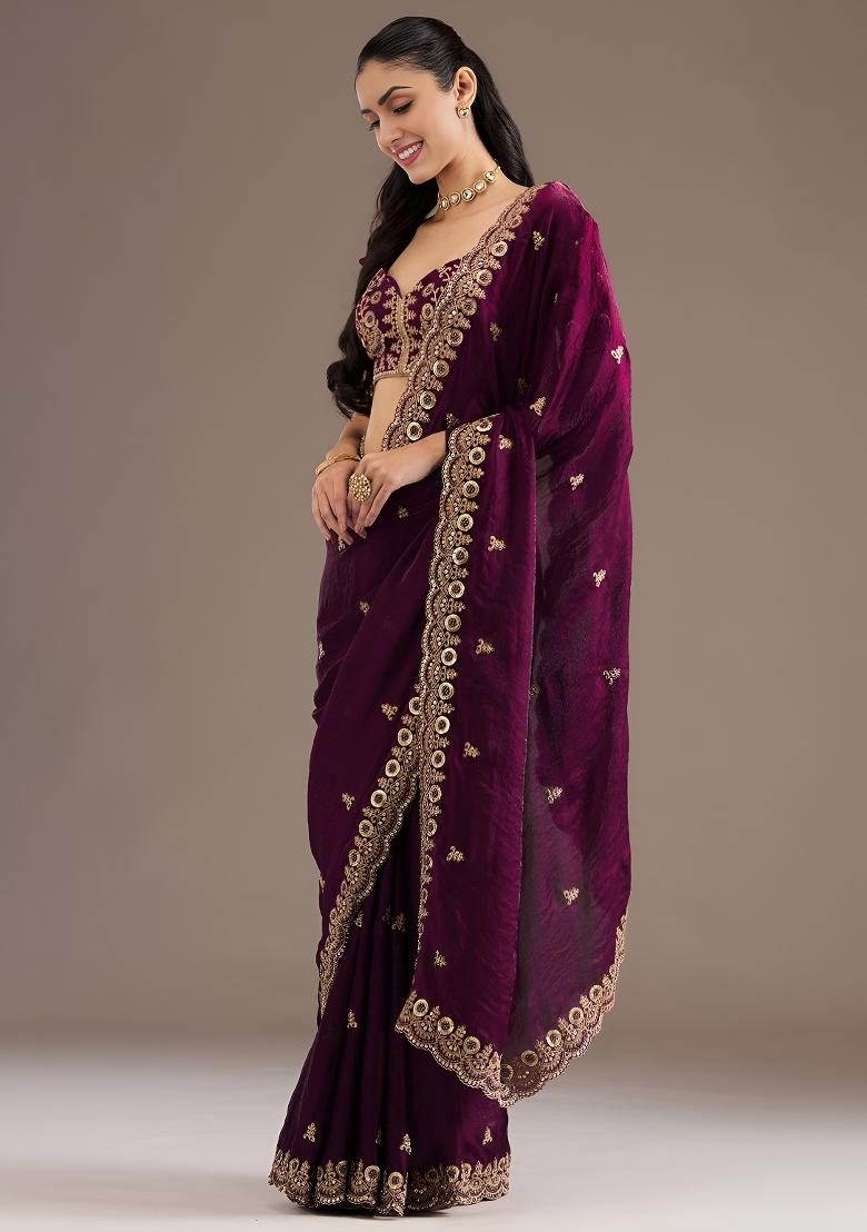 Wine Embroidered Tissue Saree Set - Indya
