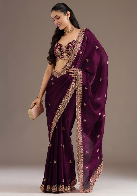 Wine Embroidered Tissue Saree Set
