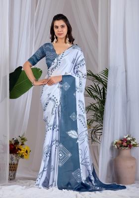 Dark Grey Printed Satin Saree Set