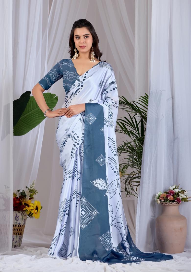 Dark Grey Printed Satin Saree Set - Indya