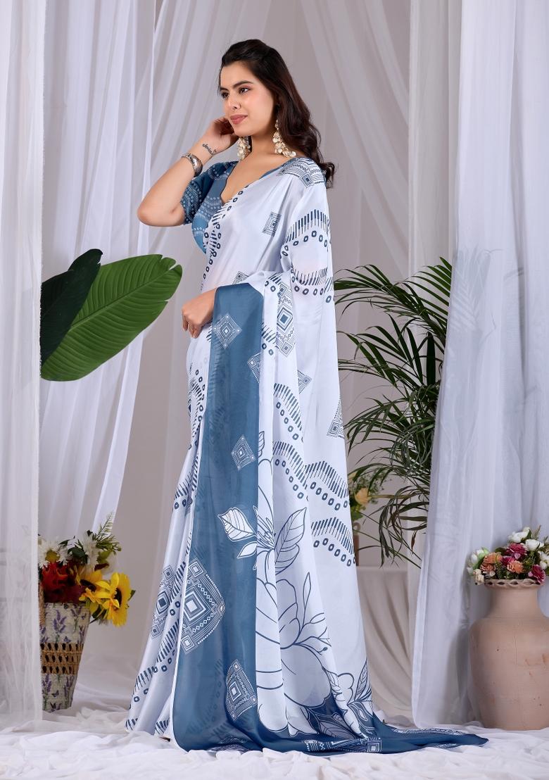 Dark Grey Printed Satin Saree Set - Indya