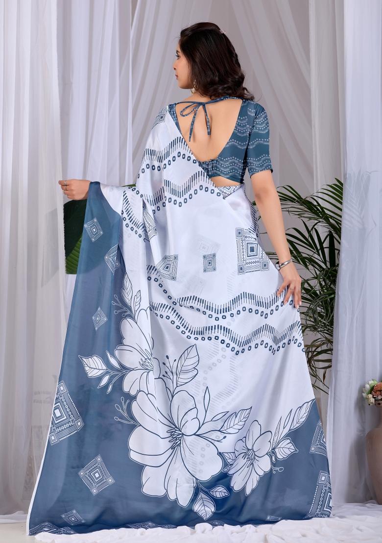 Dark Grey Printed Satin Saree Set - Indya