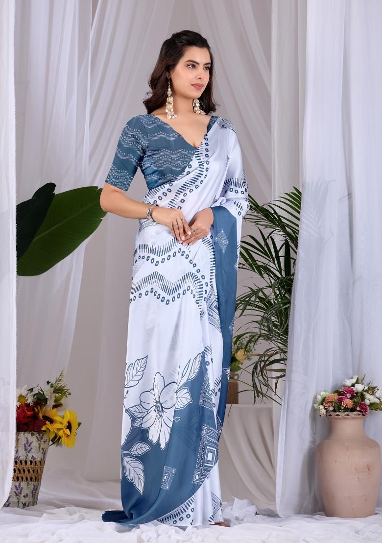 Dark Grey Printed Satin Saree Set - Indya