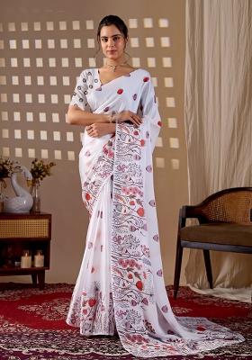 White Printed Satin Saree Set