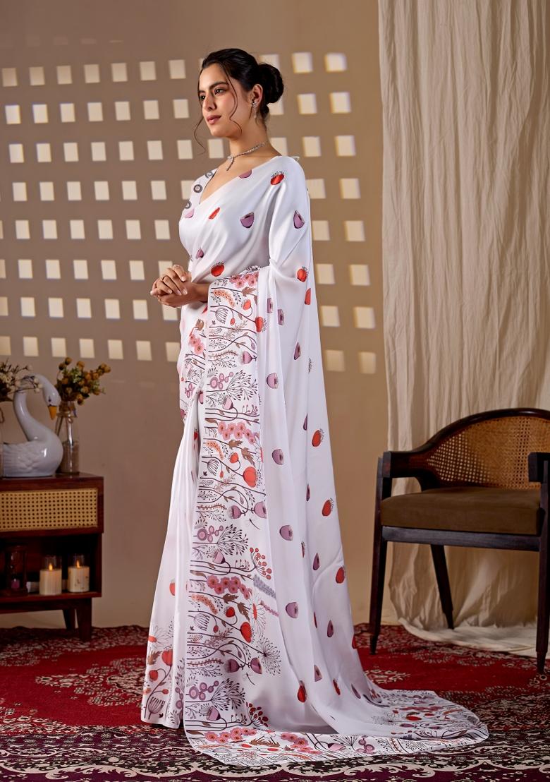 White Printed Satin Saree Set - Indya