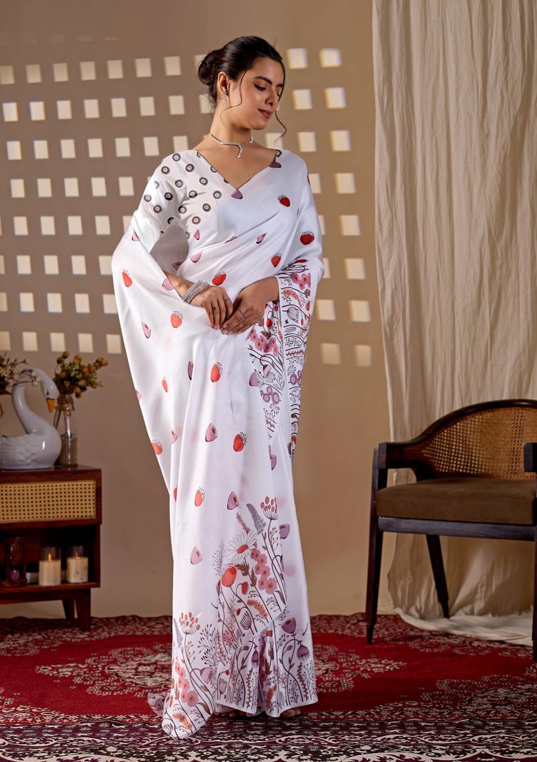 White Printed Satin Saree Set - Indya