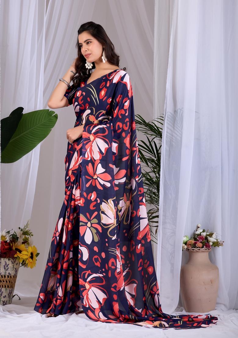 Navy Blue Printed Satin Saree Set - Indya