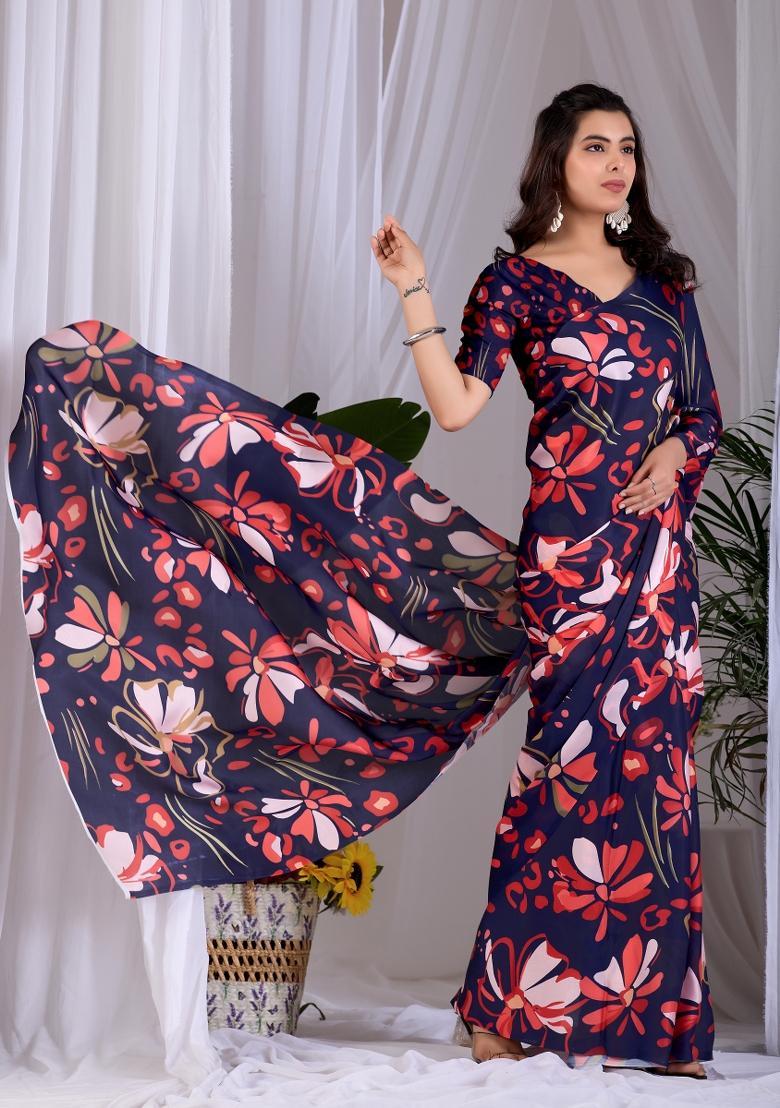 Navy Blue Printed Satin Saree Set - Indya