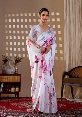 White Printed Satin Saree Set