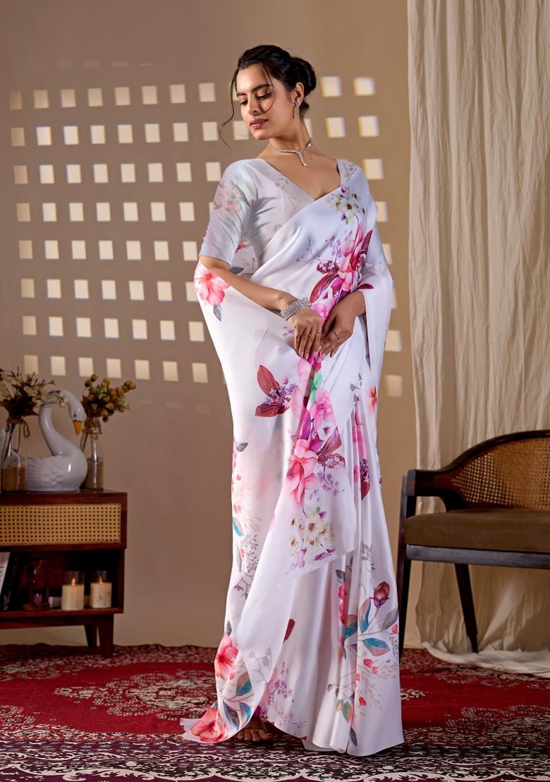 White Printed Satin Saree Set - Indya