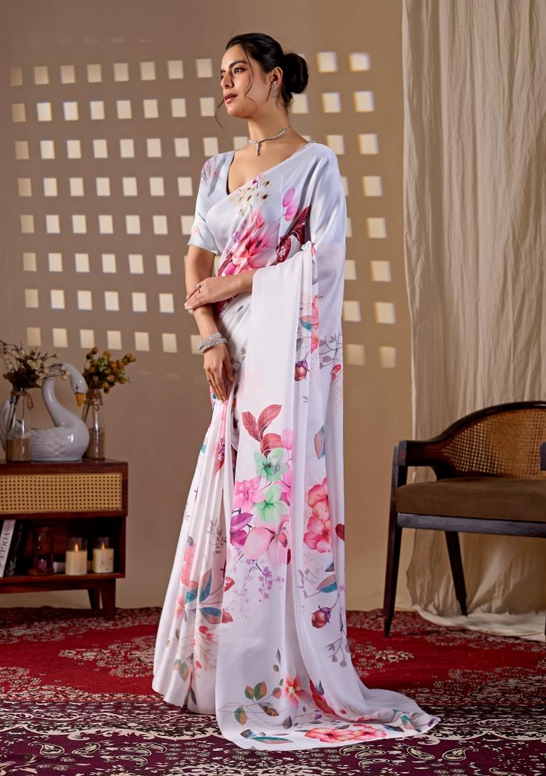 White Printed Satin Saree Set - Indya