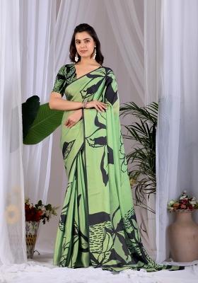 Pista Printed Satin Saree Set