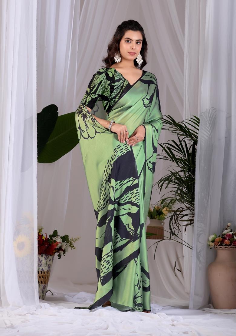 Pista Printed Satin Saree Set - Indya