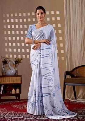 White Printed Satin Saree Set