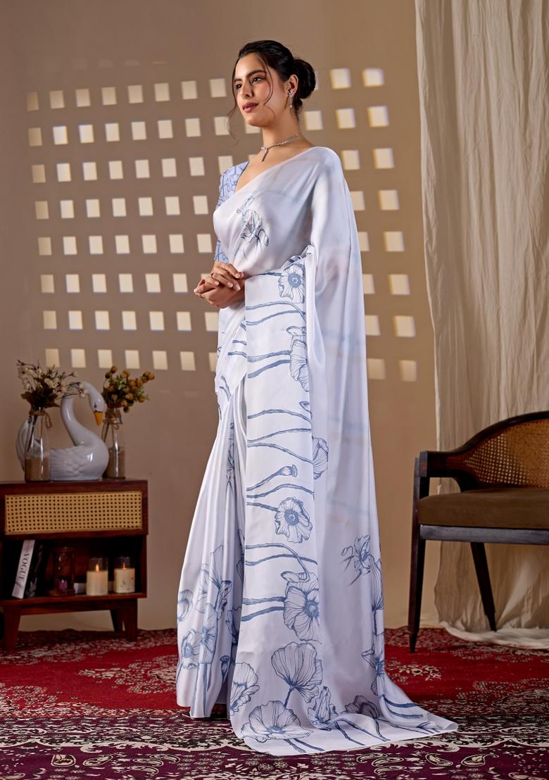 White Printed Satin Saree Set - Indya