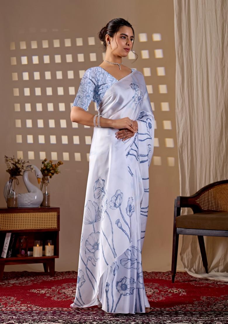 White Printed Satin Saree Set - Indya