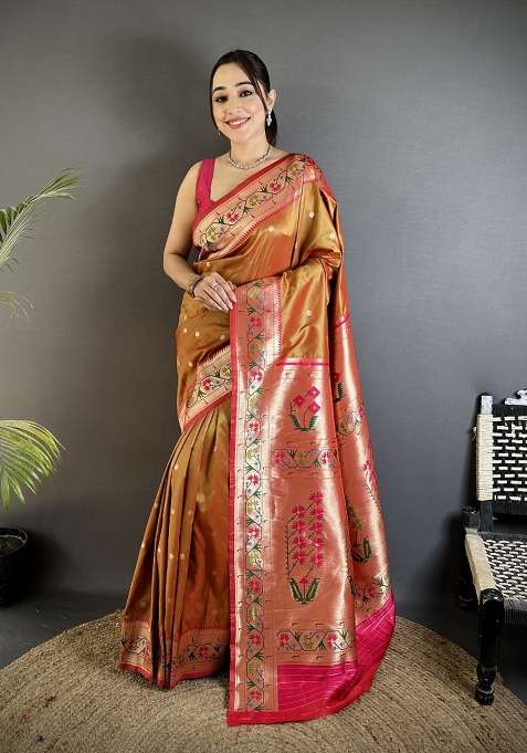Peach Silk Blend Saree Set with Floral Print for Diwali | Wedding & Festive Wear