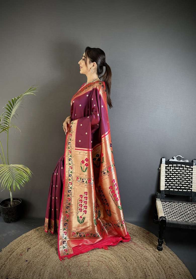 Wine Floral Print Silk Blend Saree Set for Diwali and Festive Wear - Indya