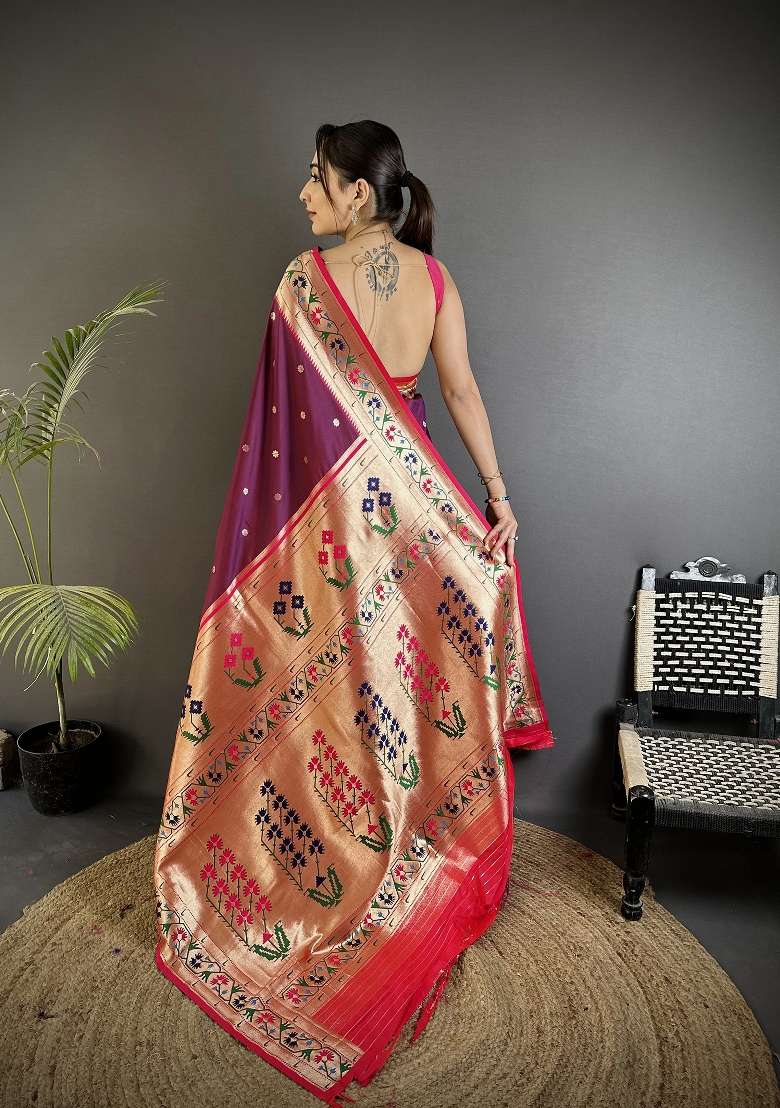 Wine Floral Print Silk Blend Saree Set for Diwali and Festive Wear - Indya