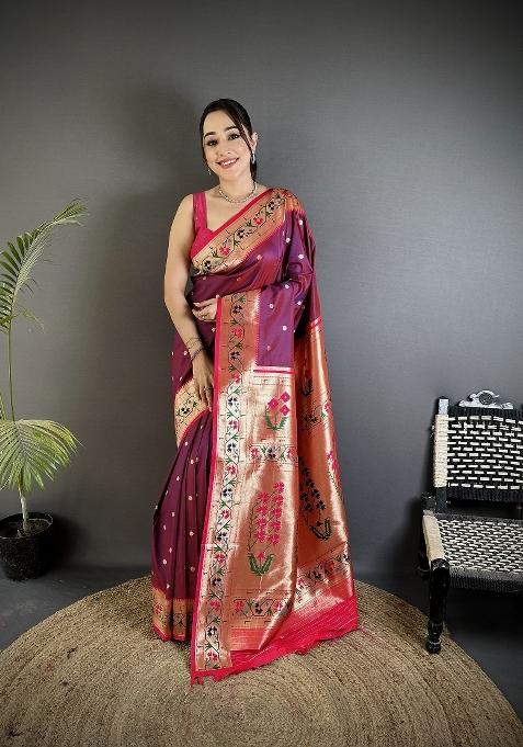 Wine Floral Print Silk Saree Set — view on Indya
