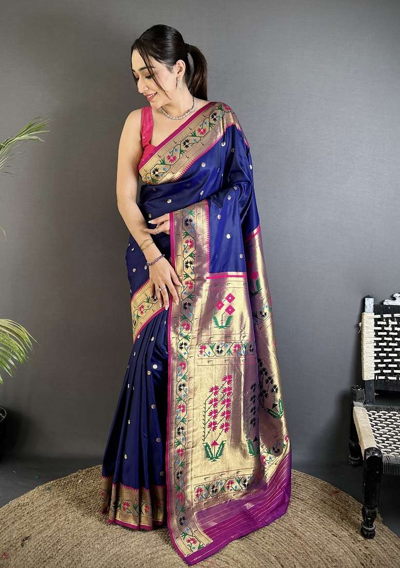 Royal Blue Silk Blend Saree Set with Floral Print for Diwali | Wedding & Festive Wear - Indya