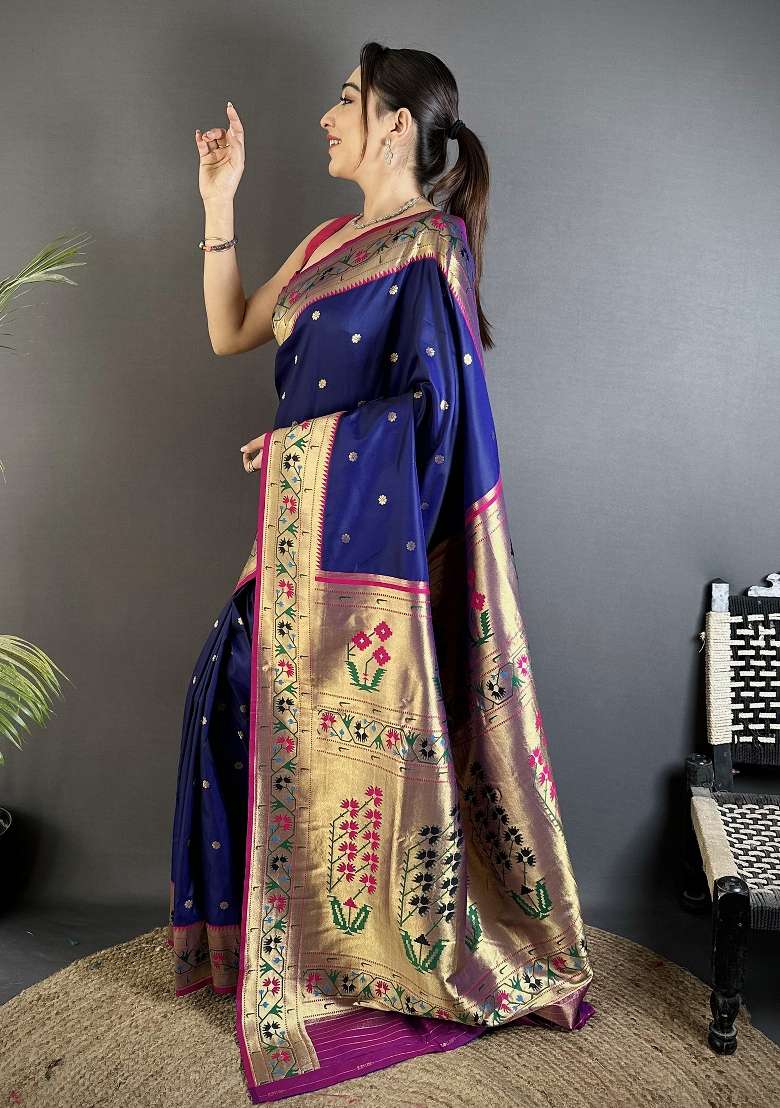 Royal Blue Silk Blend Saree Set with Floral Print for Diwali | Wedding & Festive Wear - Indya