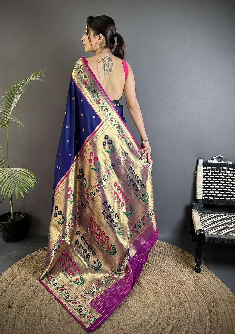 Royal Blue Silk Blend Saree Set with Floral Print for Diwali | Wedding & Festive Wear - Indya